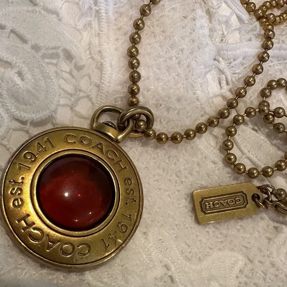 Coach Logo Pendant In Gold Tone with Amber Glass Center on Gold Tone Chain - Picture 15 of 16